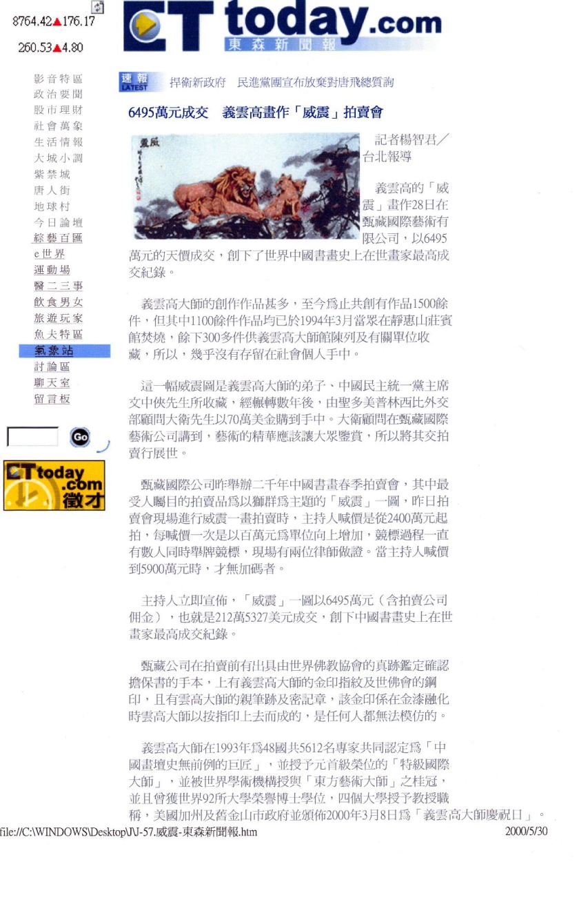 6495萬成交 義雲高畫作「威震」拍賣會